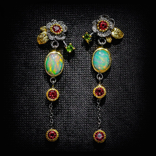 Boho Earrings With Opal And Red Zirconia | Nooklyst